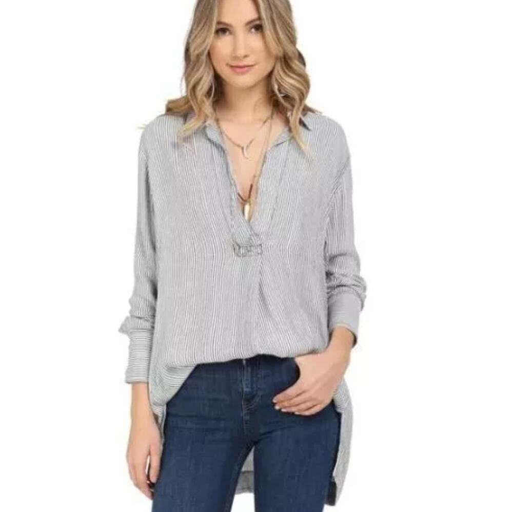 Free People On the Road Oxford Shirt Women's XS Striped Oversized Hi-Lo Top
